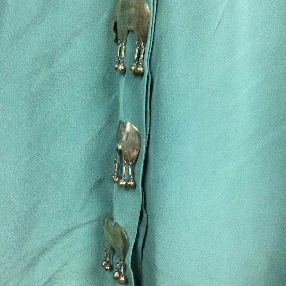 Teal Silk Button Top w/ Silver Elephant Bell Decor Front - Picture 2 of 9